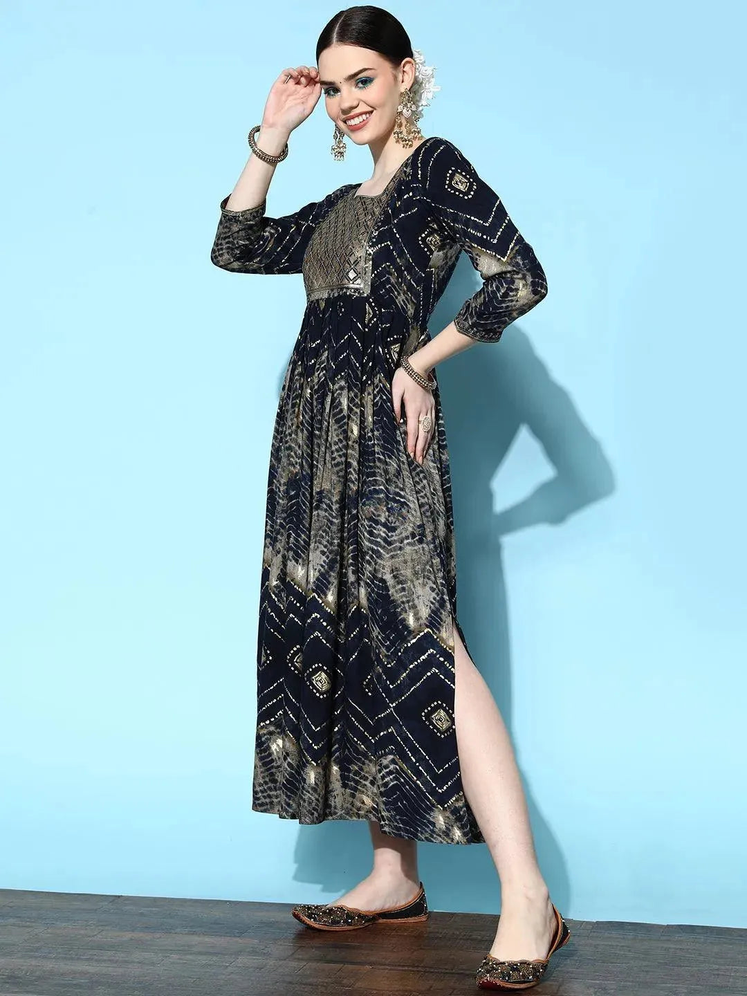Navy Blue Printed Rayon Fit and Flared Dress by My Store