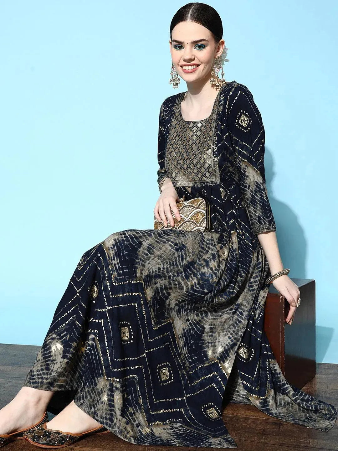 Navy Blue Printed Rayon Fit and Flared Dress by My Store