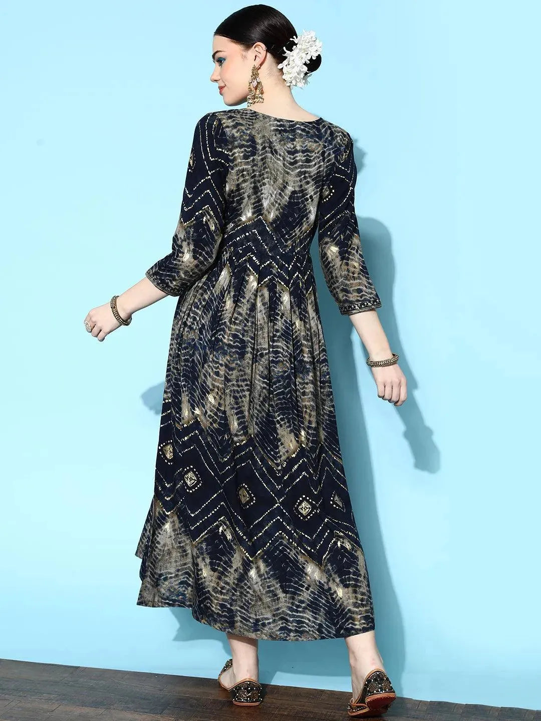 Navy Blue Printed Rayon Fit and Flared Dress by My Store
