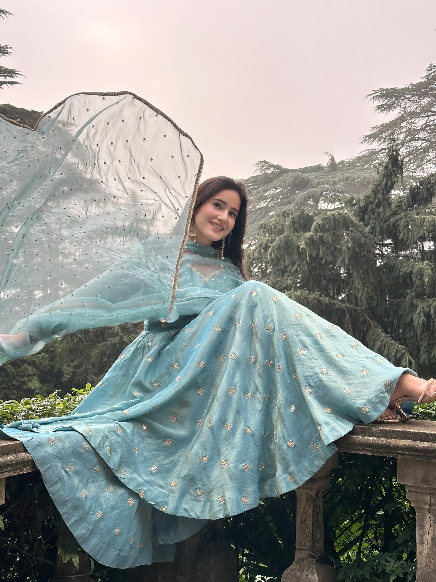 Woman in a light blue dress with a sheer overlay standing outdoors with trees in the background