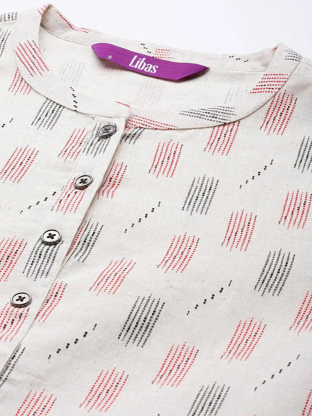 Off White Printed Cotton Dress by My Store