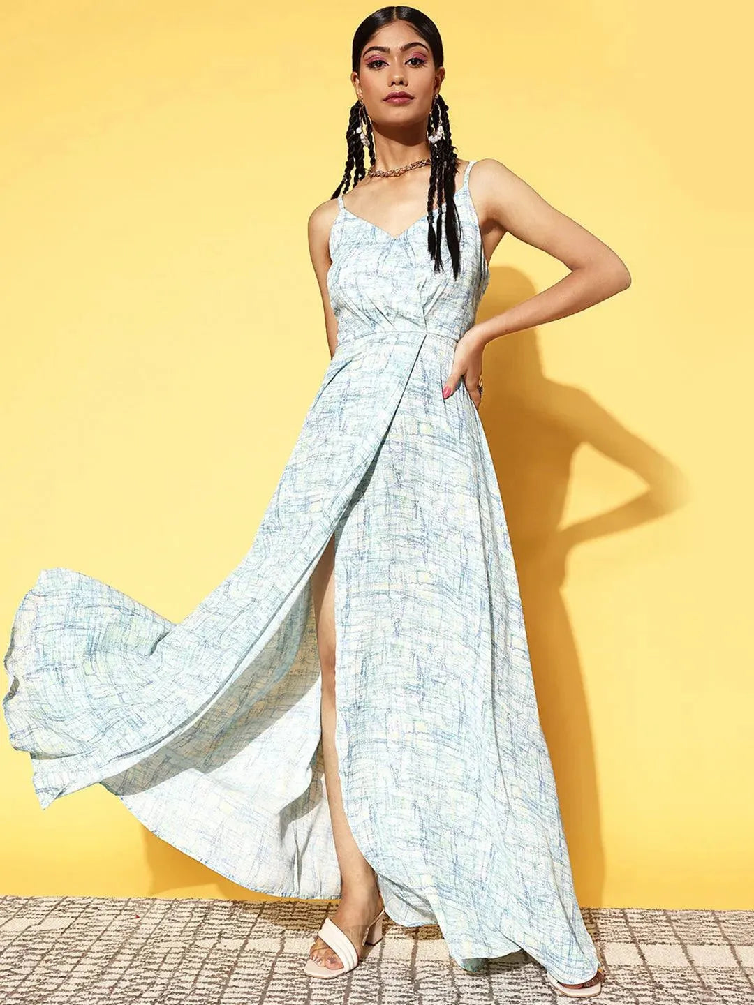 Off White Printed Georgette Dress by My Store