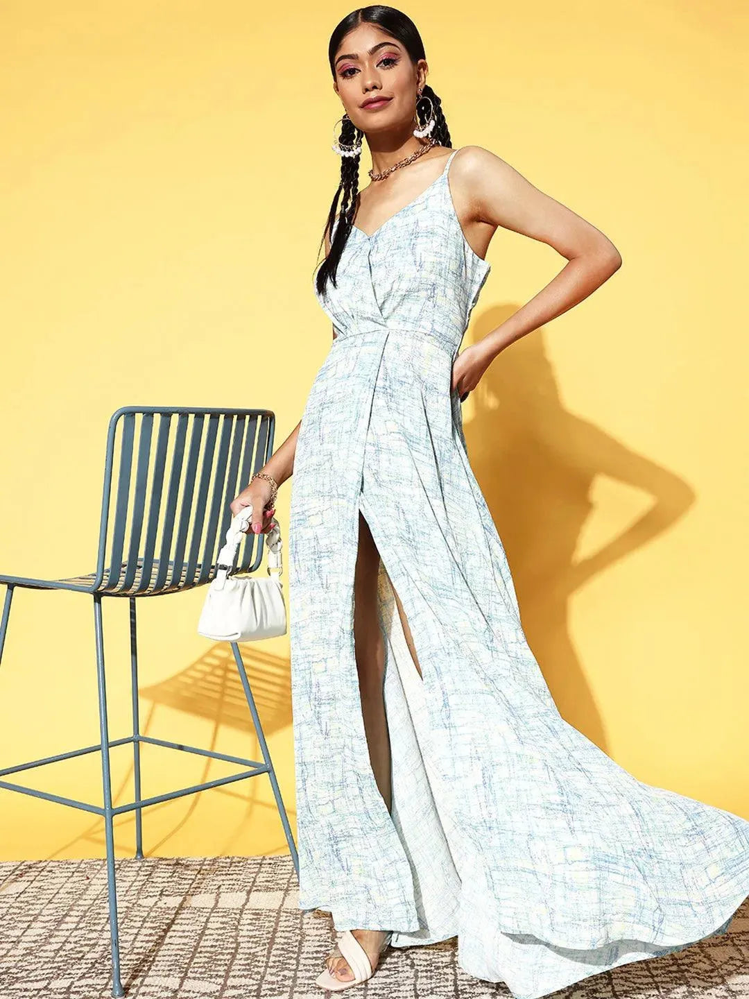 Off White Printed Georgette Dress by My Store