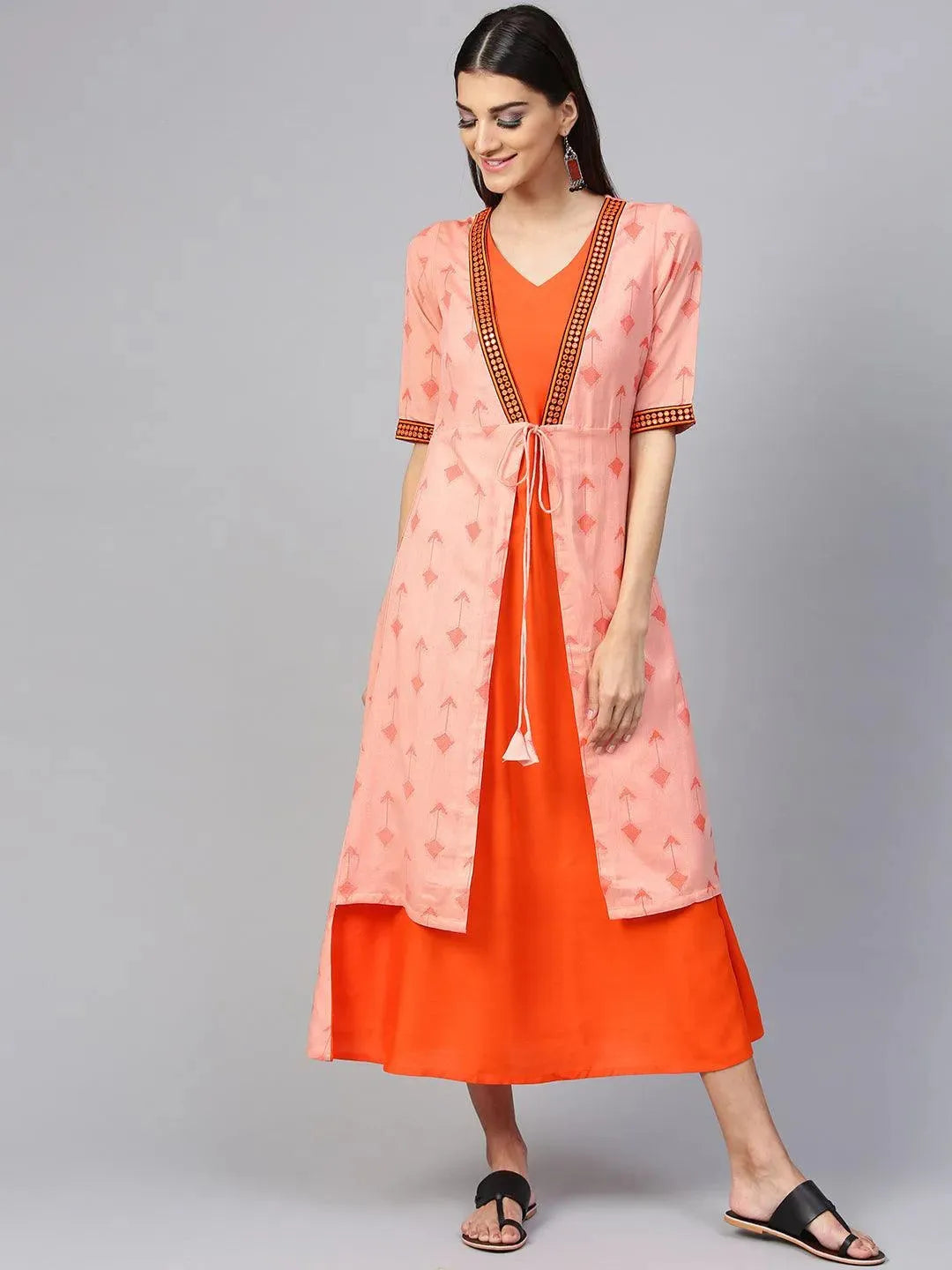 Orange Printed Rayon Dress With Jacket by My Store
