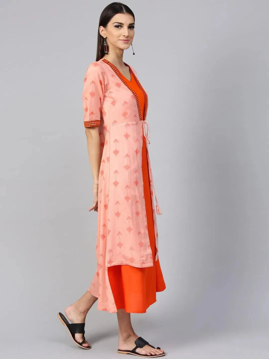 Orange Printed Rayon Dress With Jacket by My Store