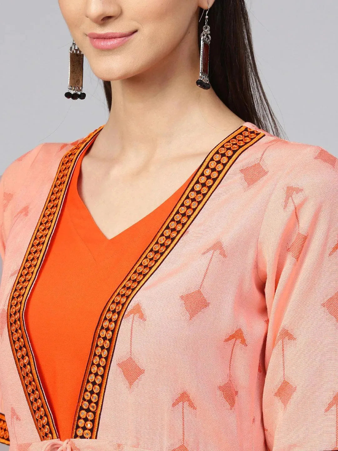 Orange Printed Rayon Dress With Jacket by My Store