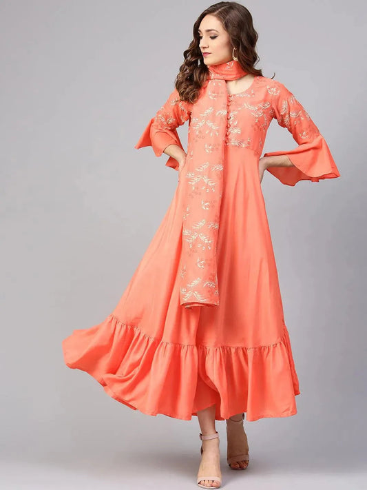 Orange Printed Silk Dress with Stole by My Store