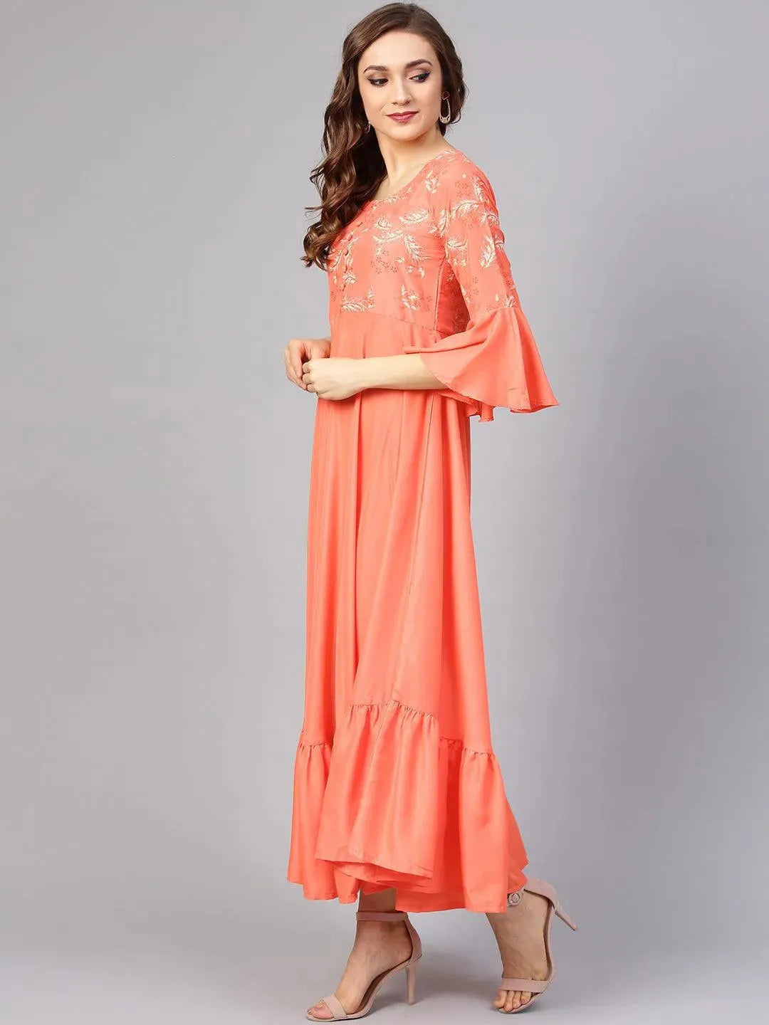 Orange Printed Silk Dress with Stole by My Store