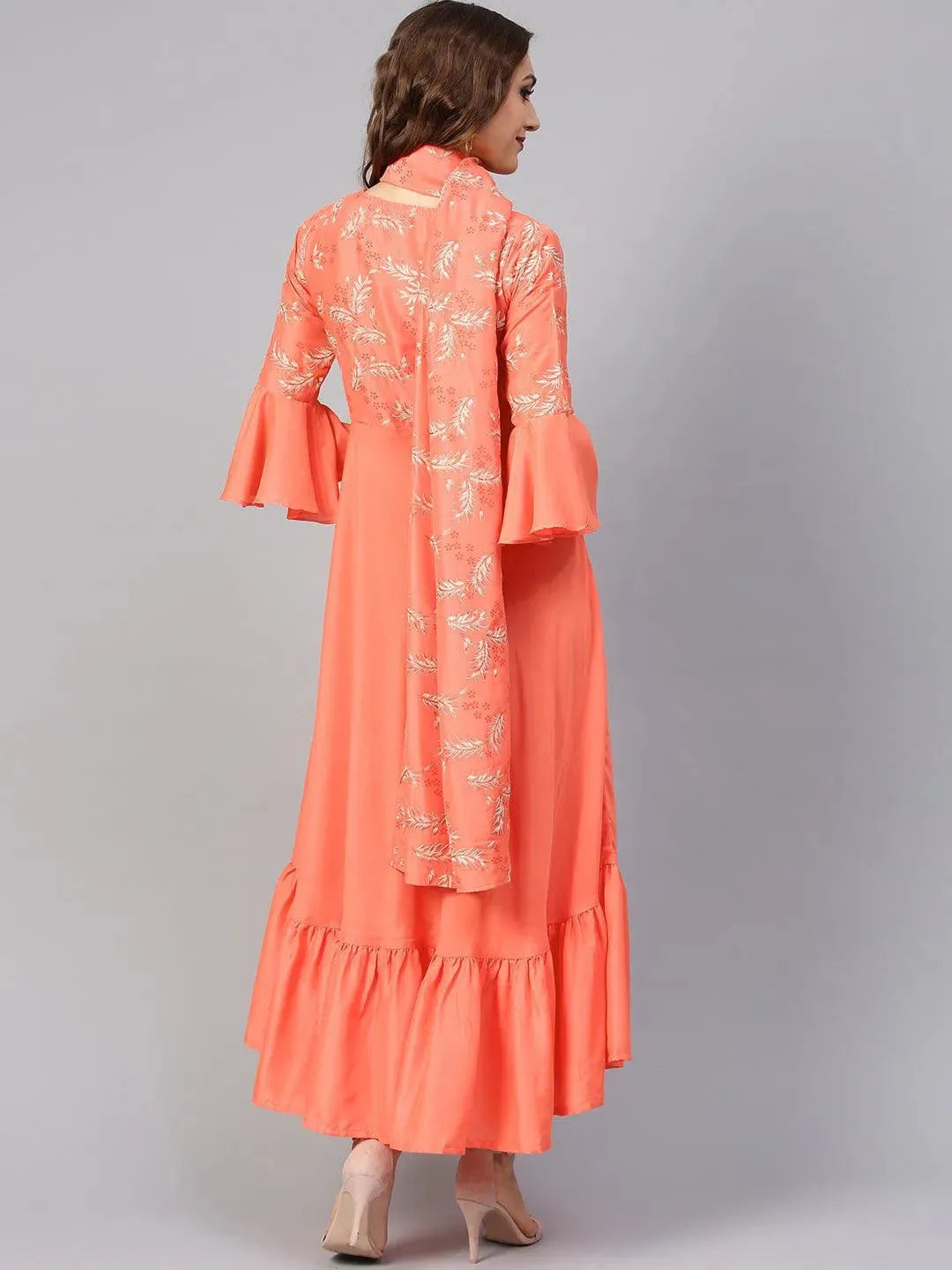 Orange Printed Silk Dress with Stole by My Store