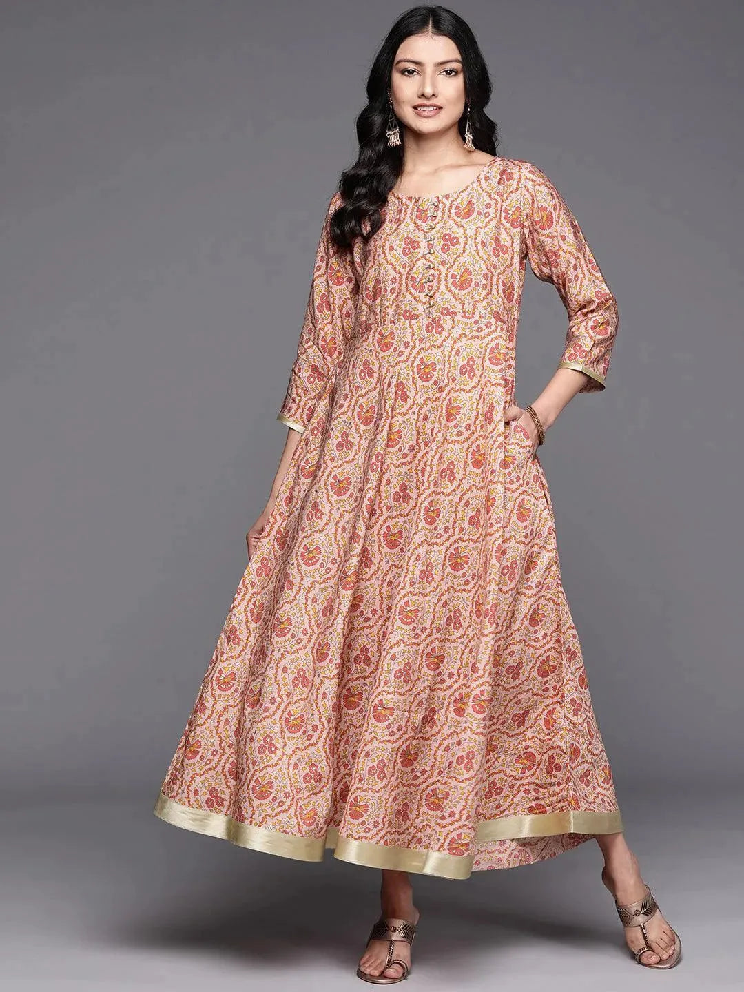 Peach Printed Silk Fit and Flare Dress by My Store