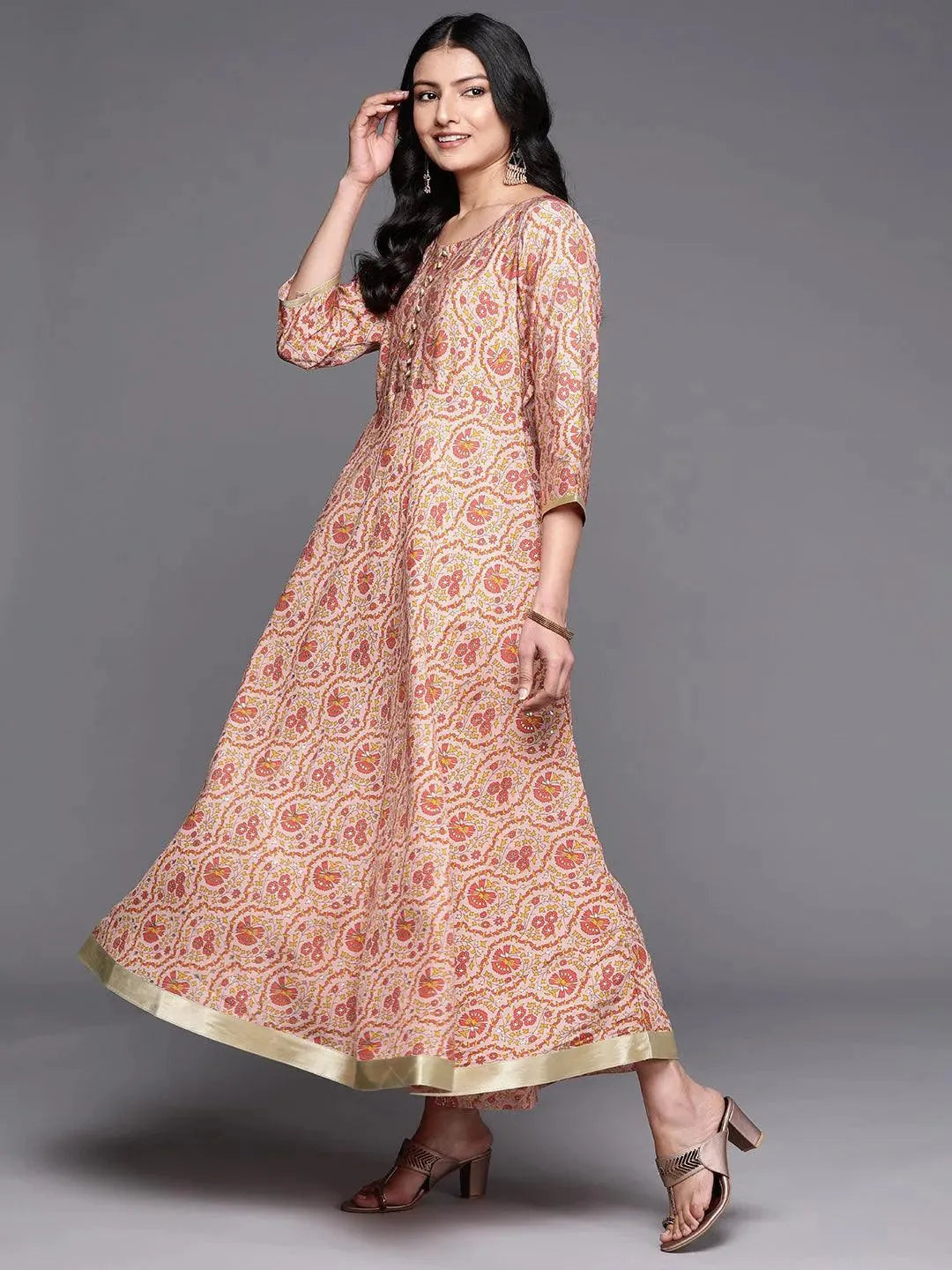 Peach Printed Silk Fit and Flare Dress by My Store