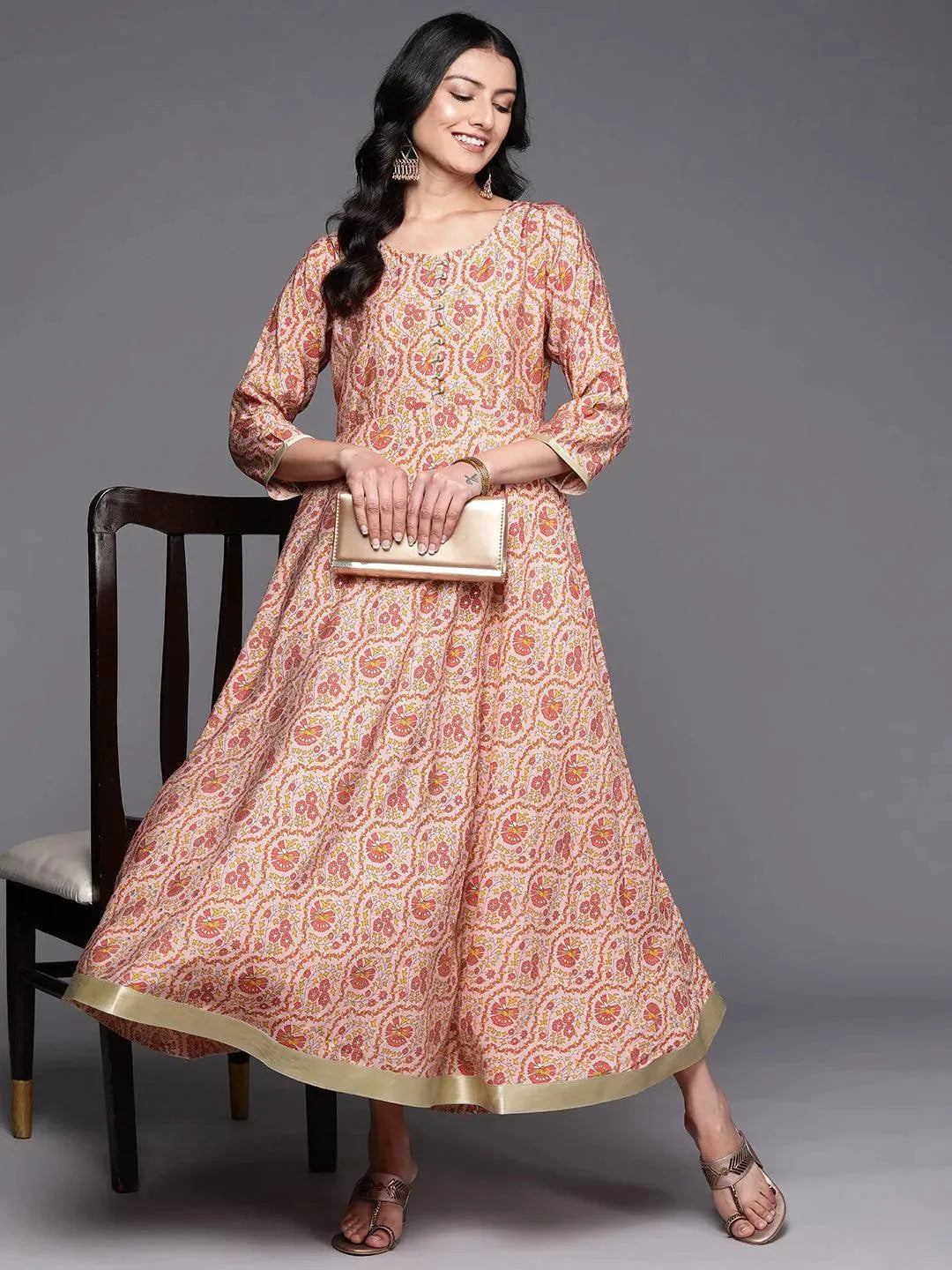 Peach Printed Silk Fit and Flare Dress by My Store