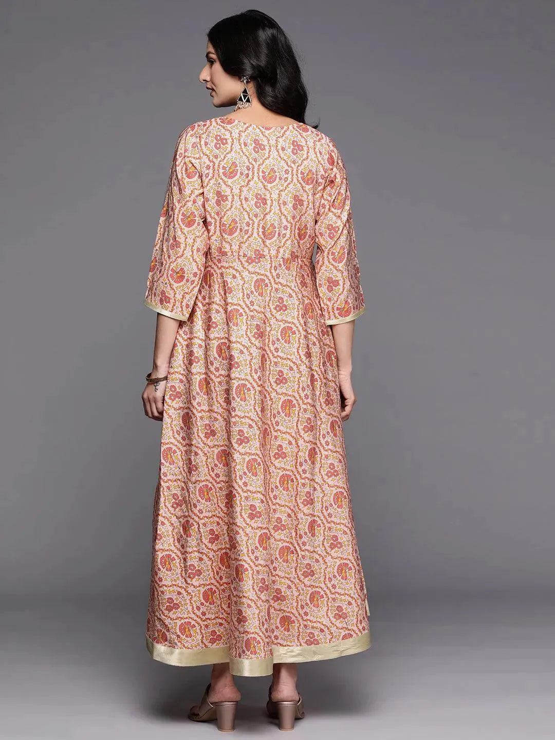 Peach Printed Silk Fit and Flare Dress by My Store