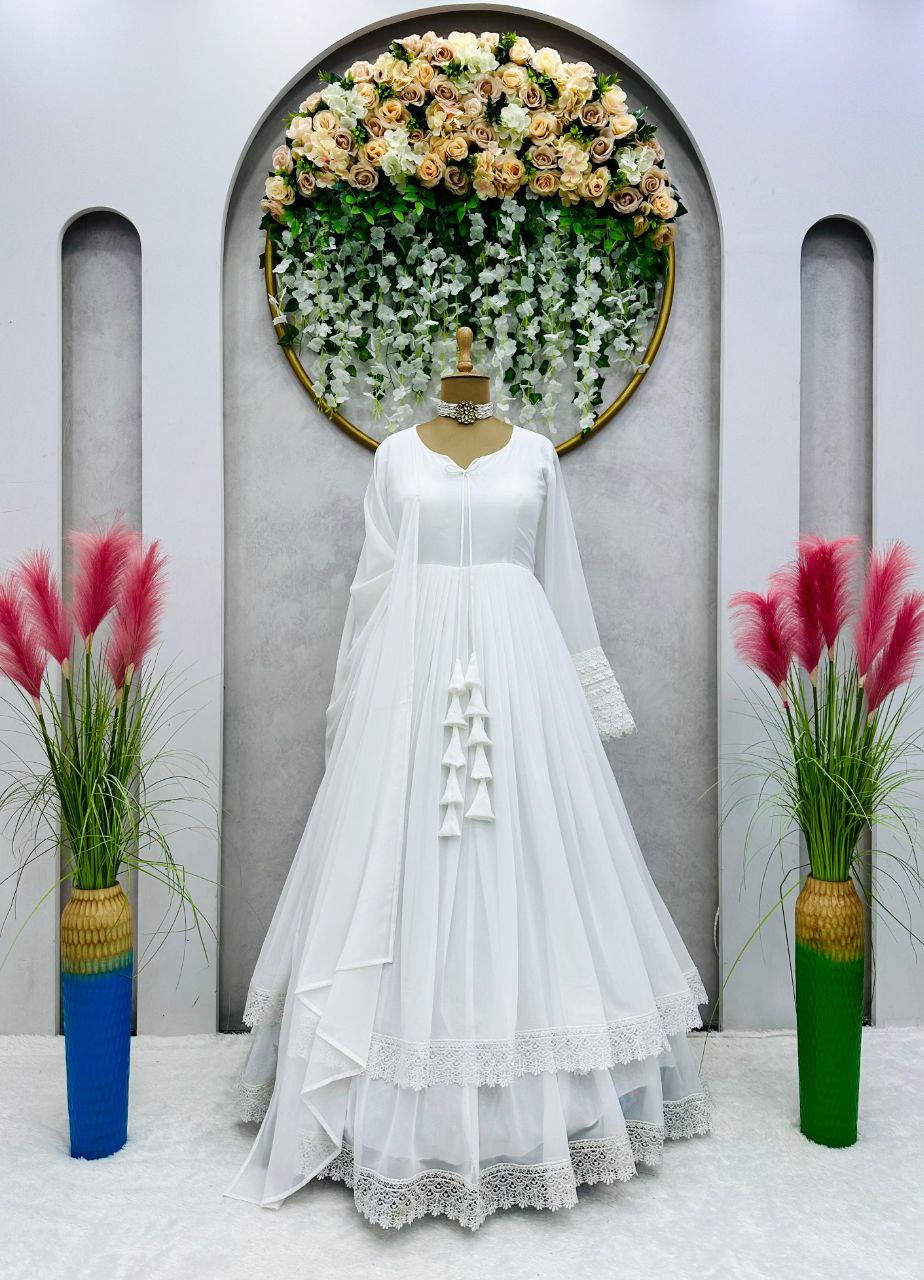 Glorious White Color Lace Work Lovely Long Gown by My Store