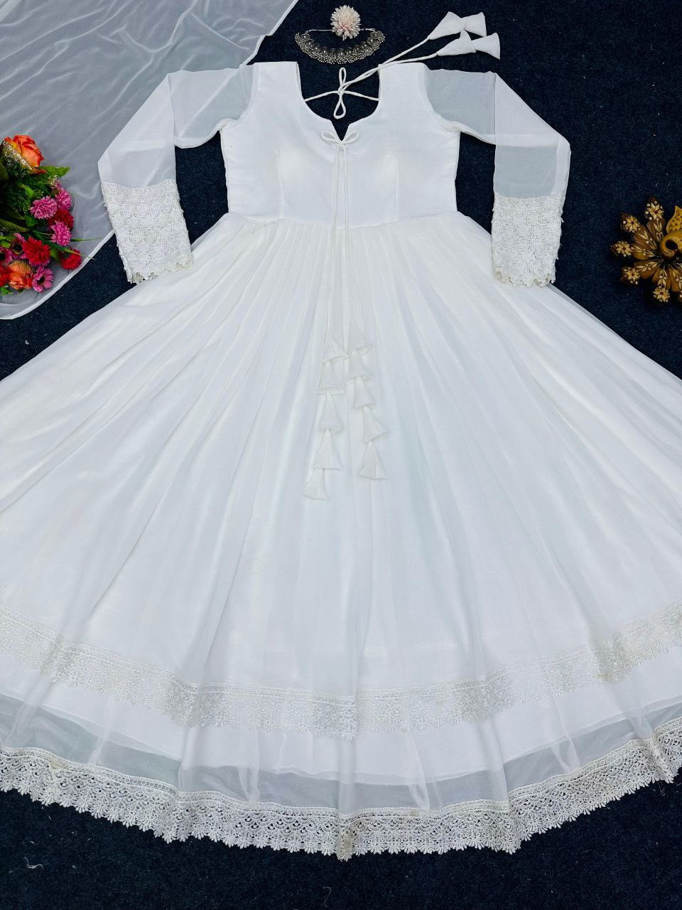 Glorious White Color Lace Work Lovely Long Gown by My Store