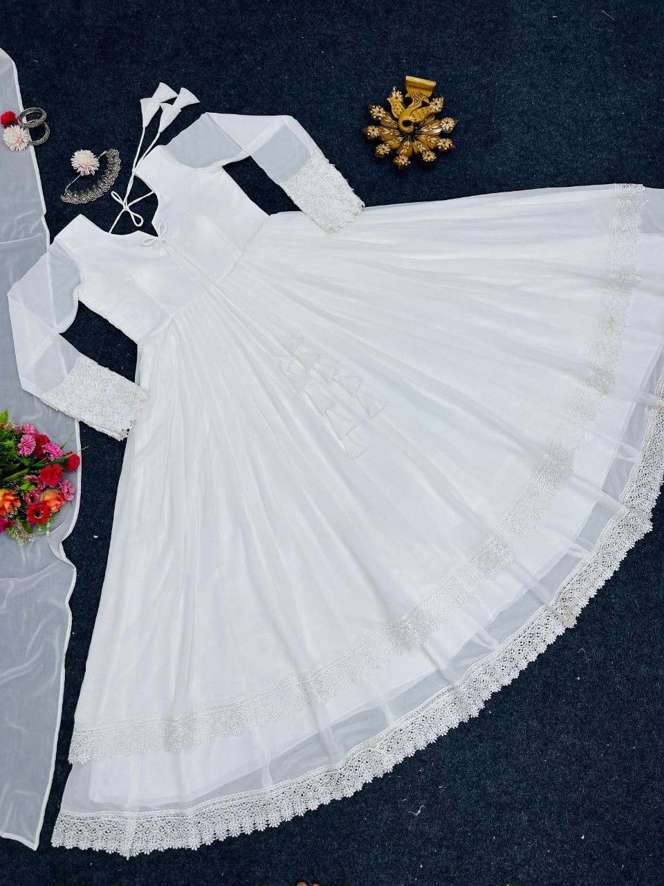 Glorious White Color Lace Work Lovely Long Gown by My Store