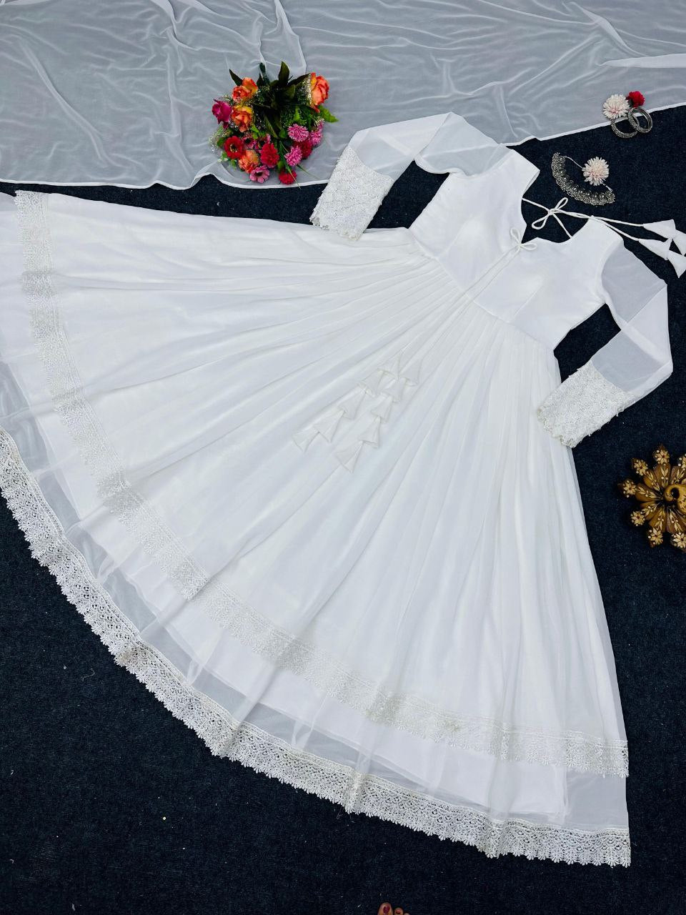 Glorious White Color Lace Work Lovely Long Gown by My Store