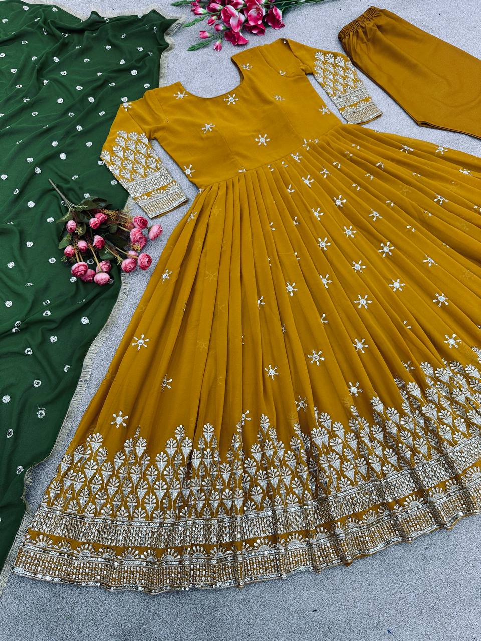 Mustered Color Anarkali Gown With Green Dupatta by My Store