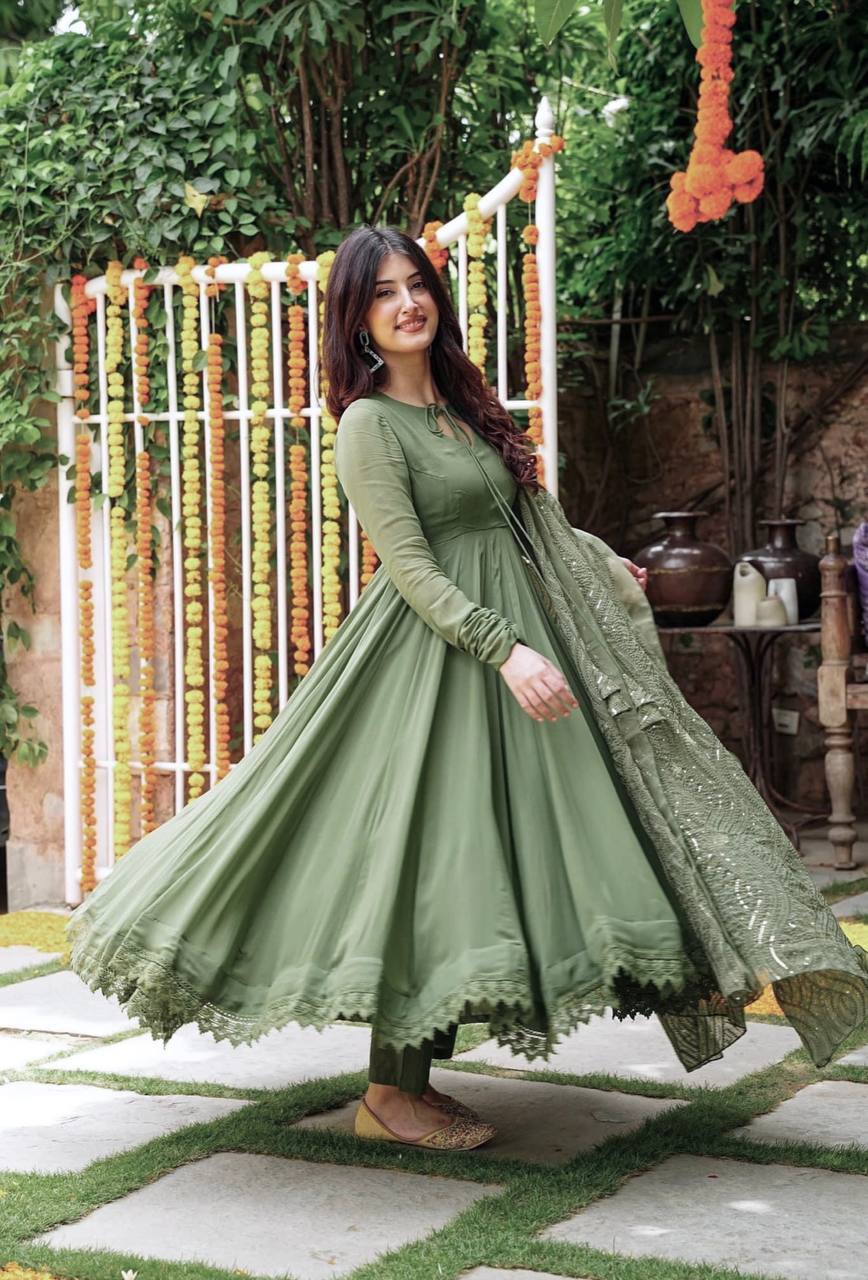 Ceremony Wear Mehndi Color Gown With Work Dupatta by My Store
