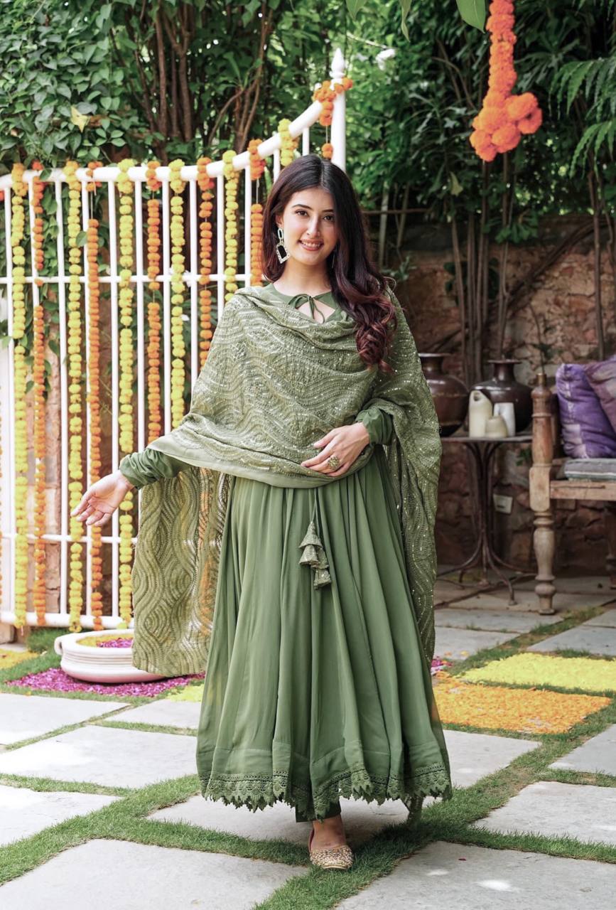 Ceremony Wear Mehndi Color Gown With Work Dupatta by My Store
