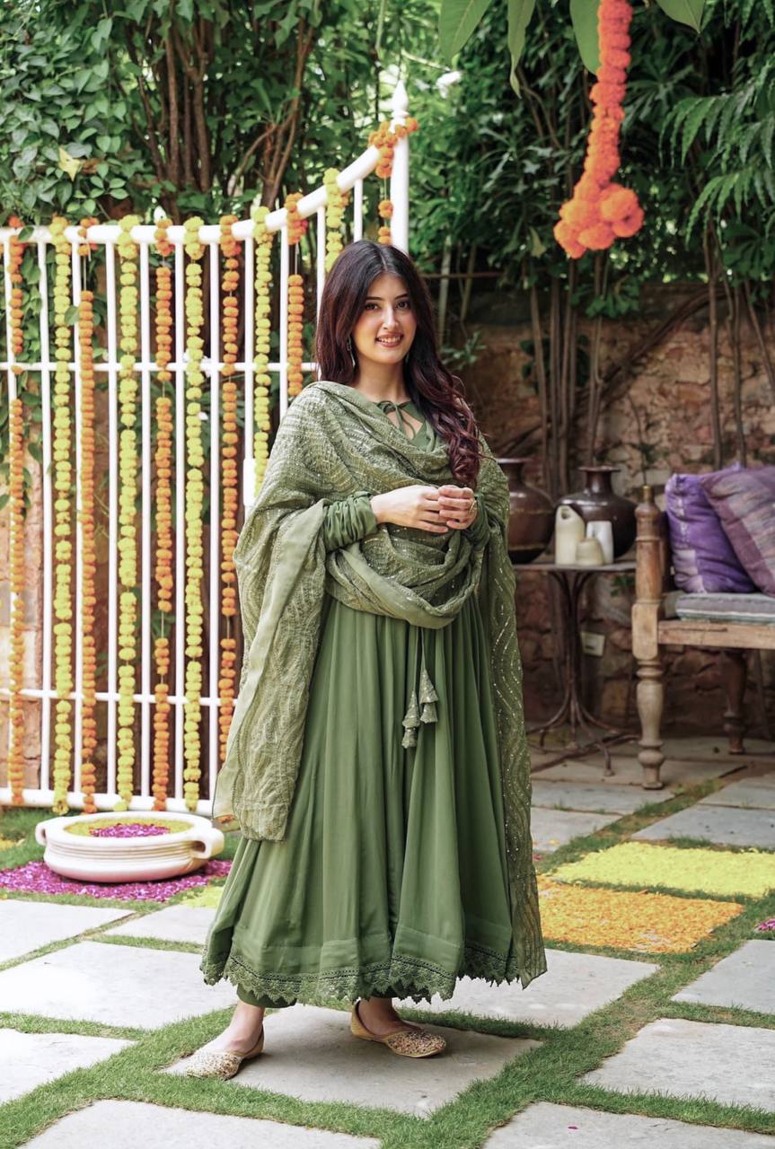 Ceremony Wear Mehndi Color Gown With Work Dupatta by My Store
