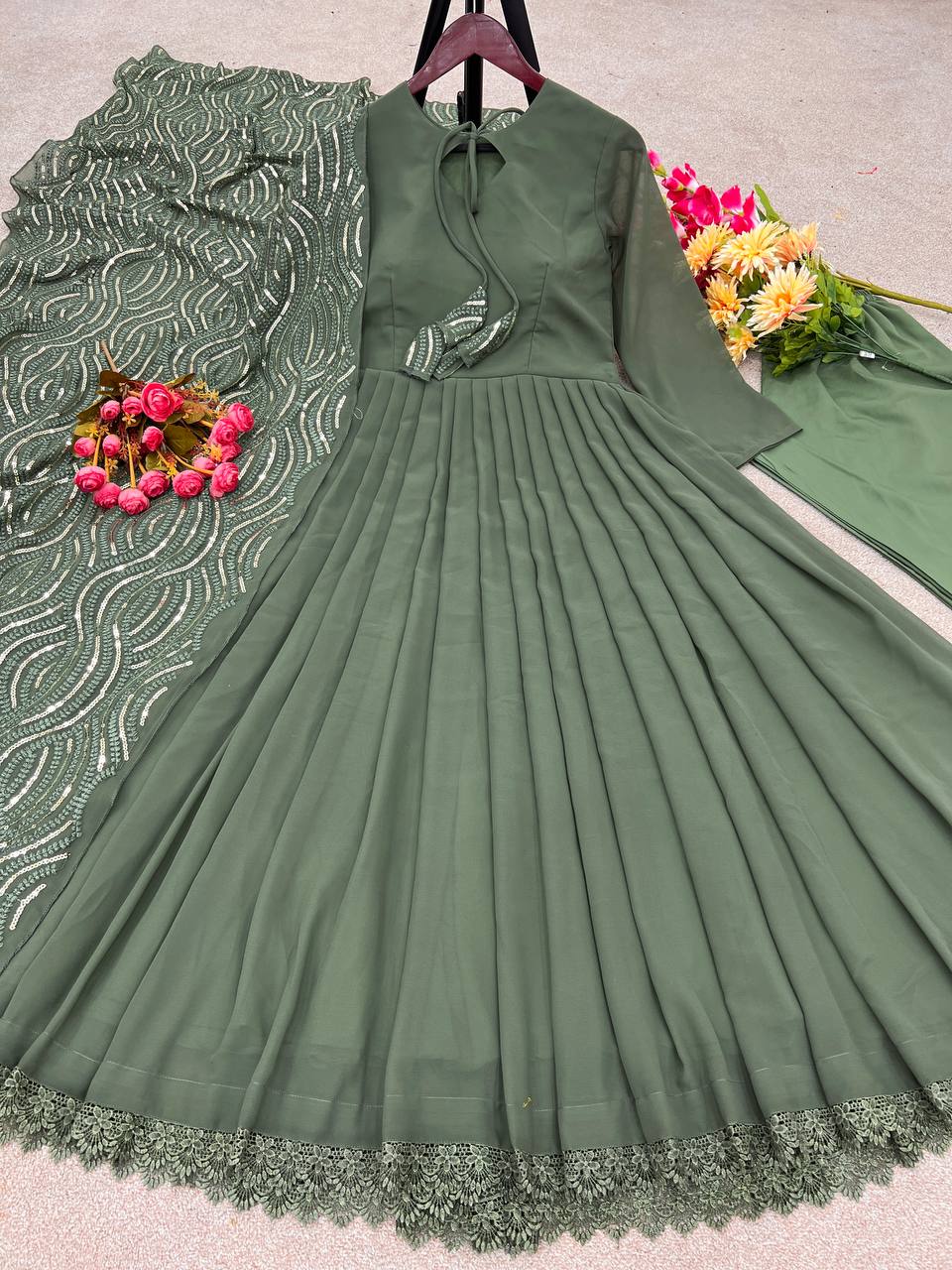 Mehndi Color Plain Gown With Heavy Dupatta by My Store