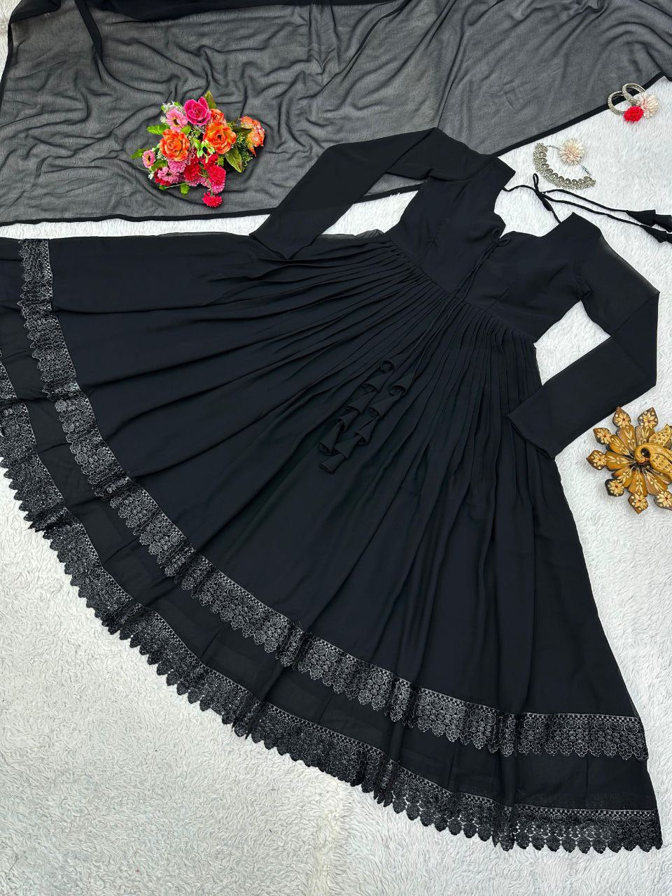 Demanding Black Color Lace Work Long Anarkali Gown by My Store