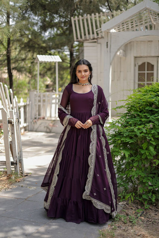 Party Wear Wine Color Plain Long Gown With Dupatta by My Store