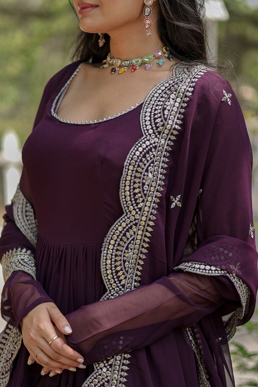 Party Wear Wine Color Plain Long Gown With Dupatta by My Store