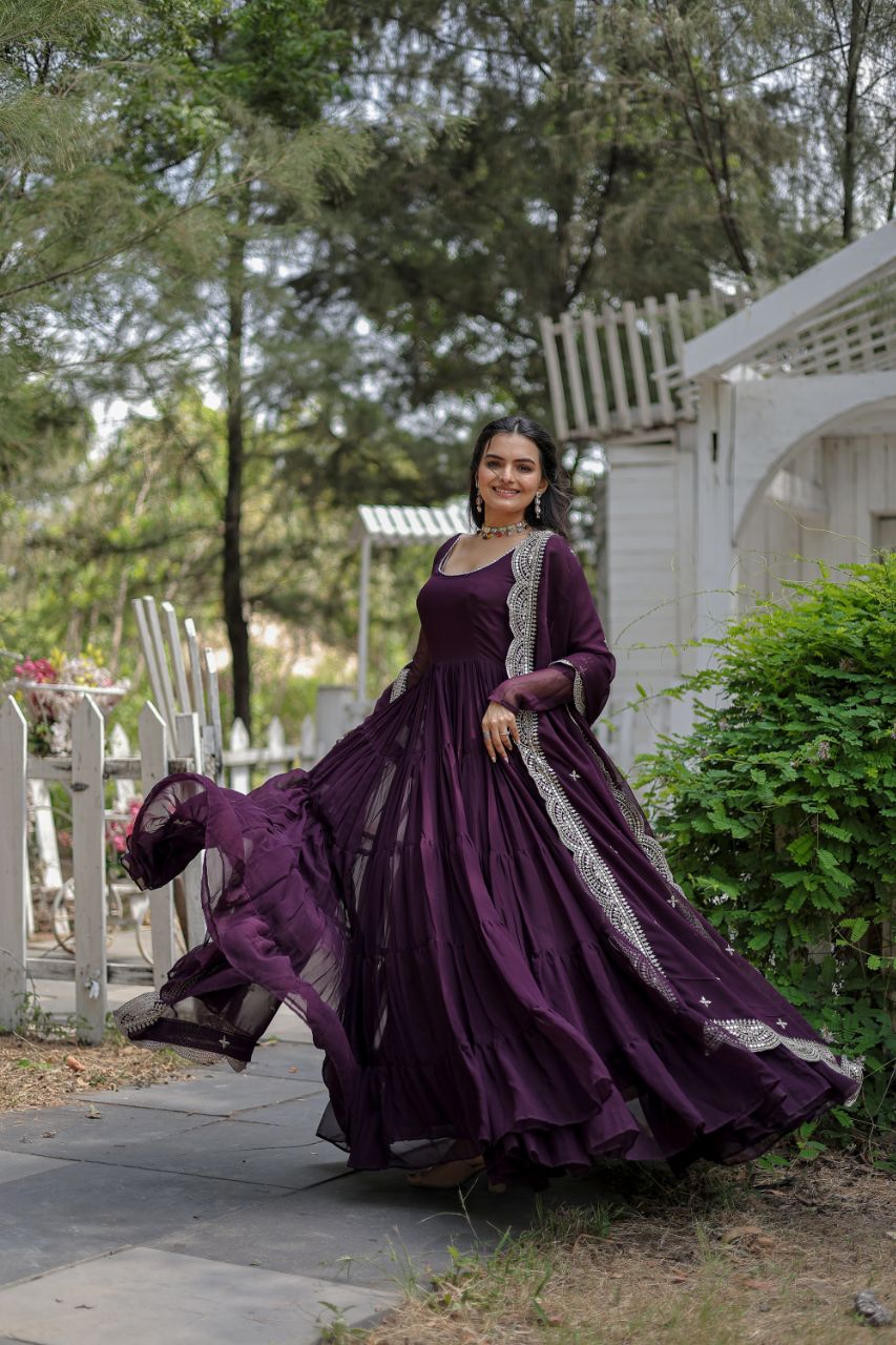 Party Wear Wine Color Plain Long Gown With Dupatta by My Store