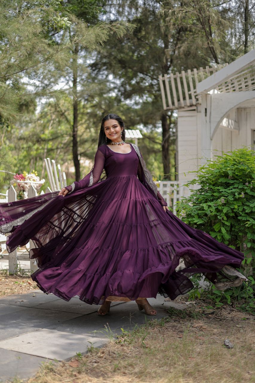 Party Wear Wine Color Plain Long Gown With Dupatta by My Store