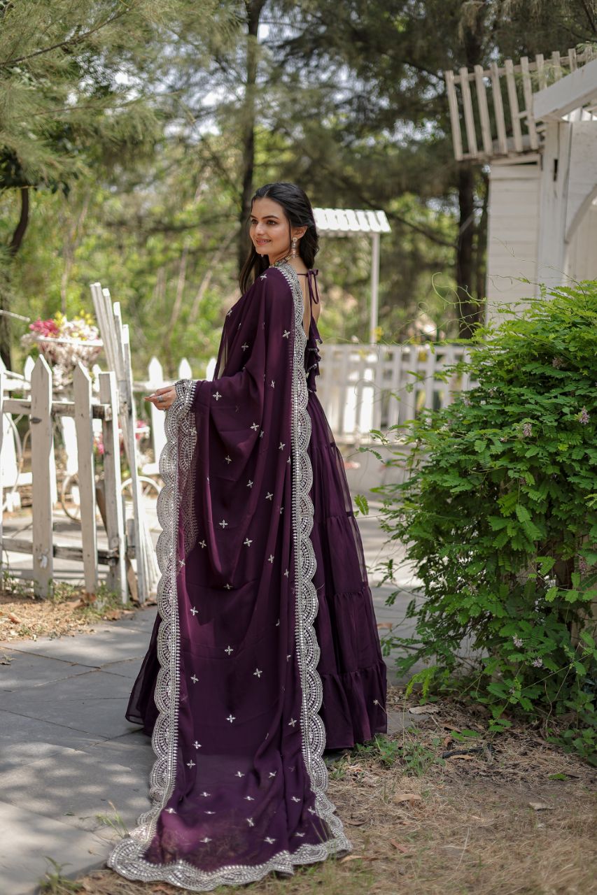 Party Wear Wine Color Plain Long Gown With Dupatta by My Store