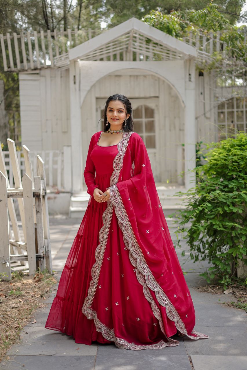 Party Wear Dark Pink Color Plain Long Gown With Dupatta by My Store