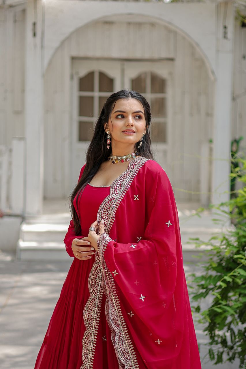 Party Wear Dark Pink Color Plain Long Gown With Dupatta by My Store