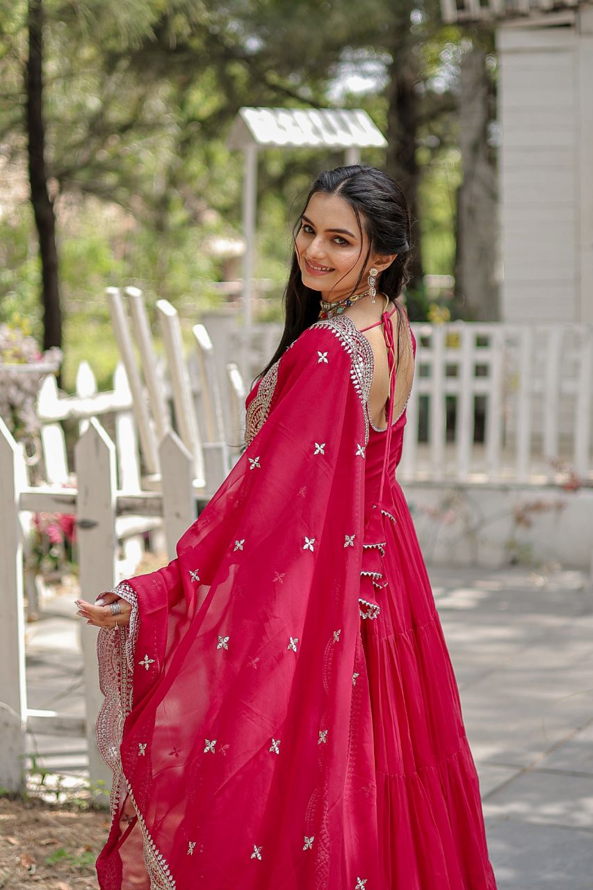 Party Wear Dark Pink Color Plain Long Gown With Dupatta by My Store