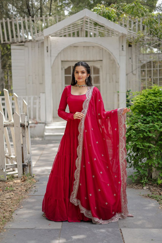 Party Wear Dark Pink Color Plain Long Gown With Dupatta by My Store