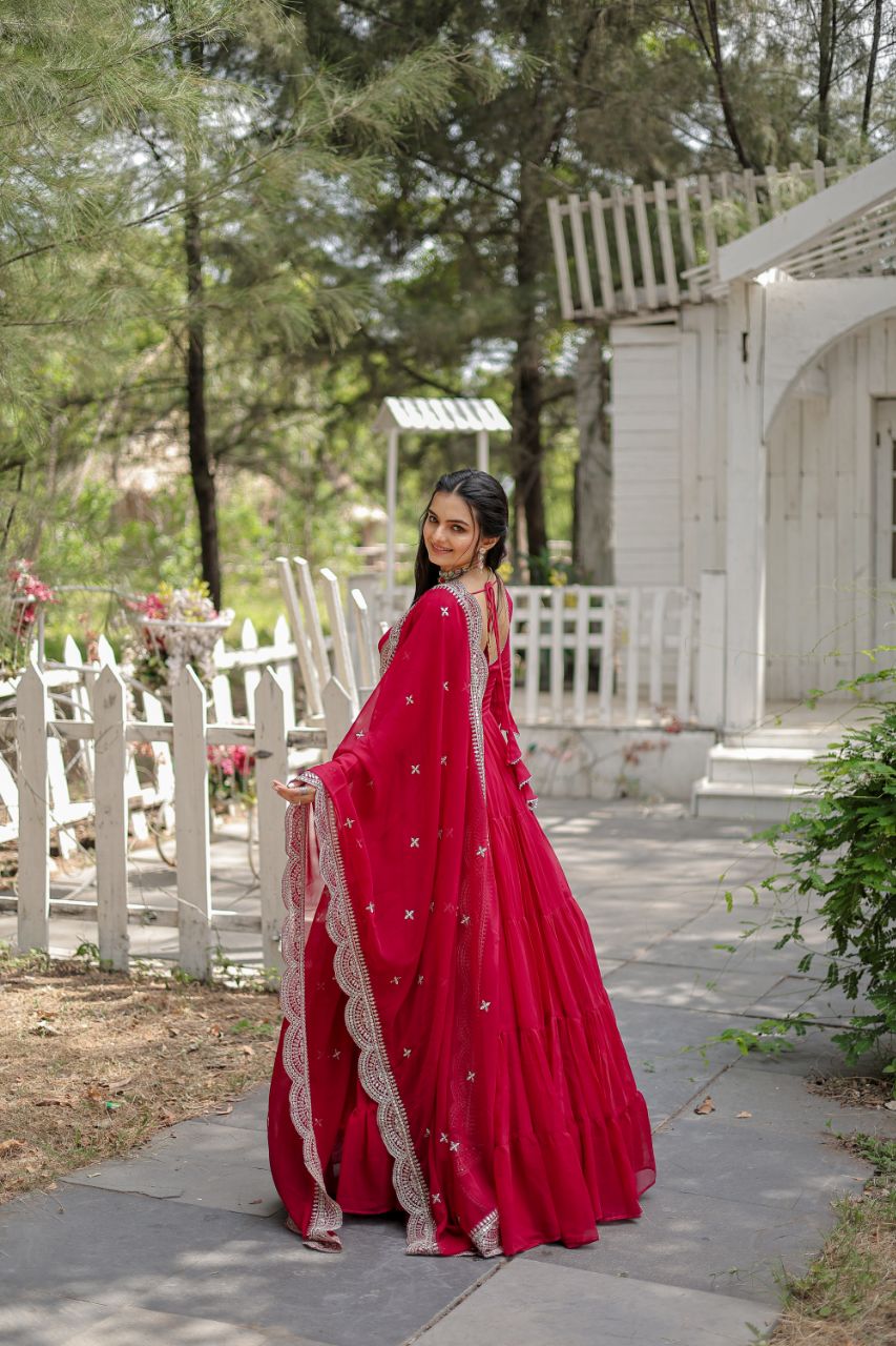 Party Wear Dark Pink Color Plain Long Gown With Dupatta by My Store