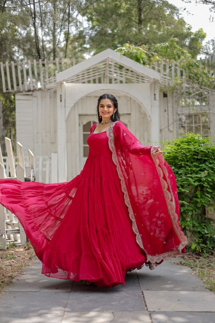 Party Wear Dark Pink Color Plain Long Gown With Dupatta by My Store