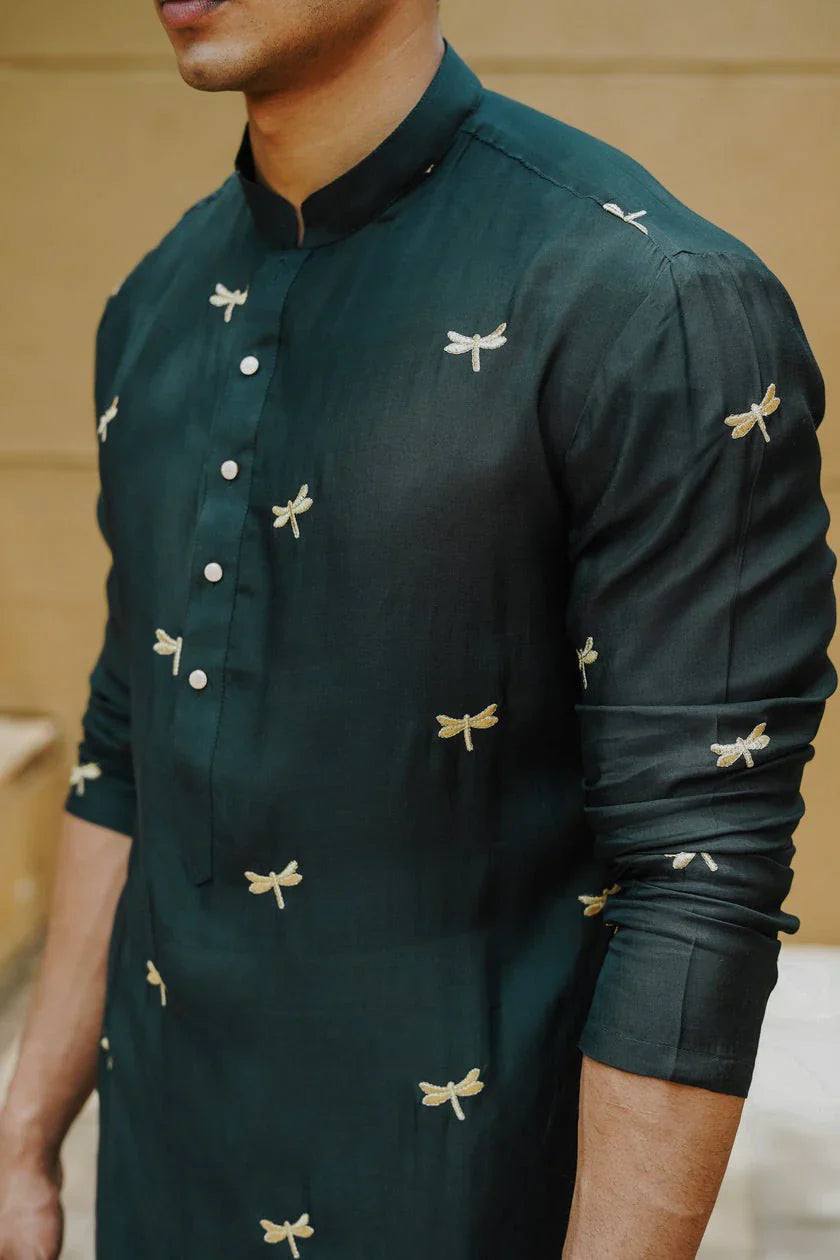 Dragonfly green Embroidery Worked Wedding Kurta