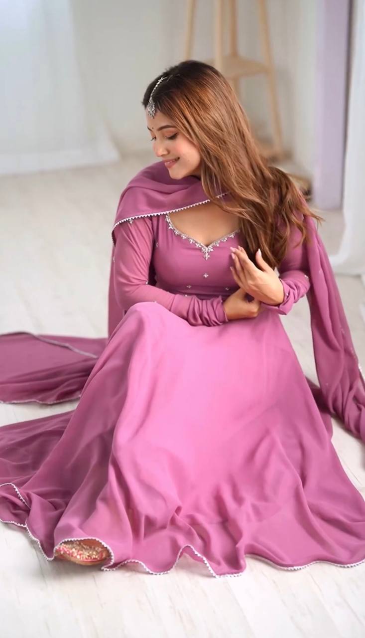 Dusty Pink Indian Designer Gown With Embroidery Work on Neck and Dupatta by My Store