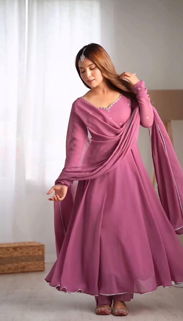 Dusty Pink Indian Designer Gown With Embroidery Work on Neck and Dupatta by My Store