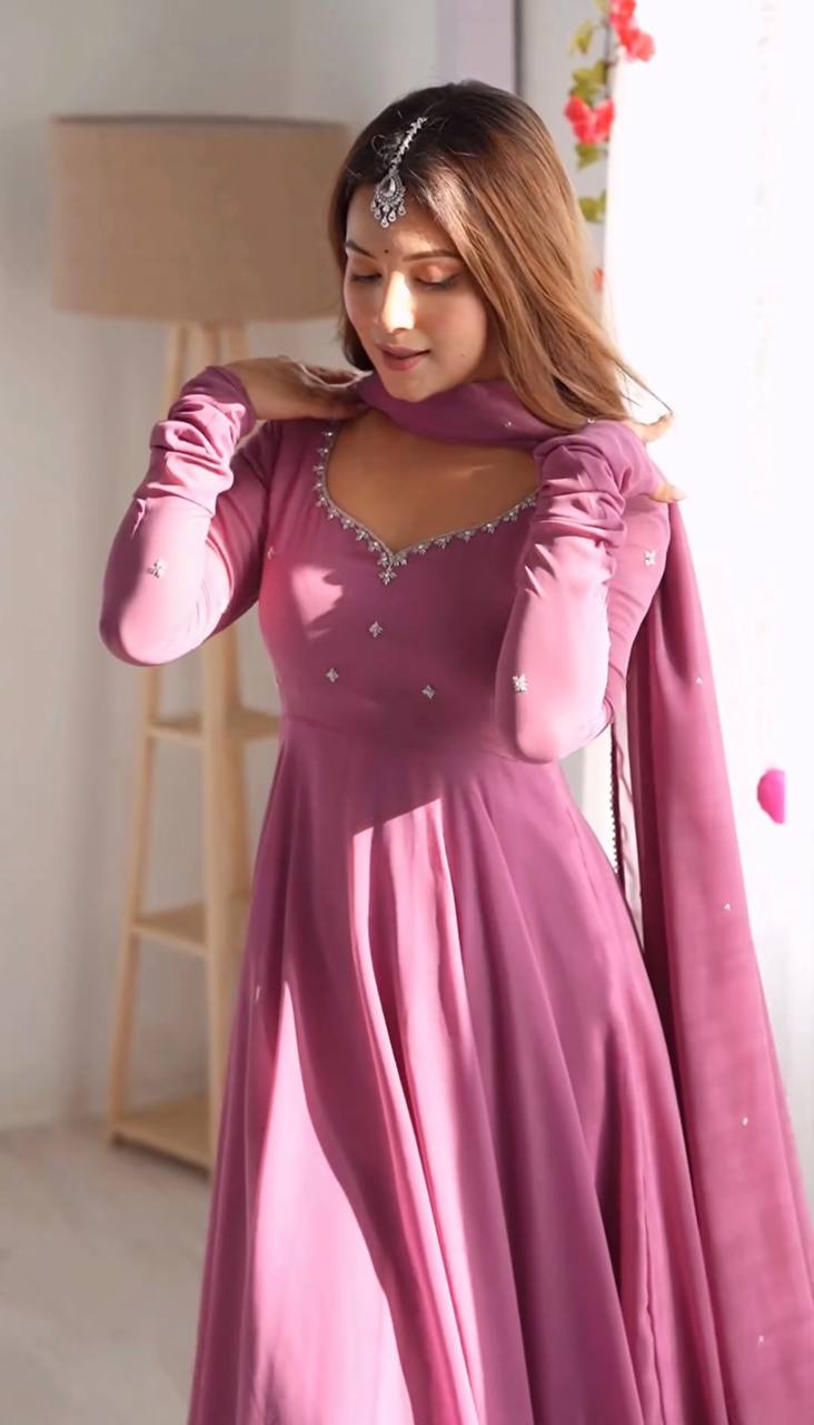 Dusty Pink Indian Designer Gown With Embroidery Work on Neck and Dupatta by My Store