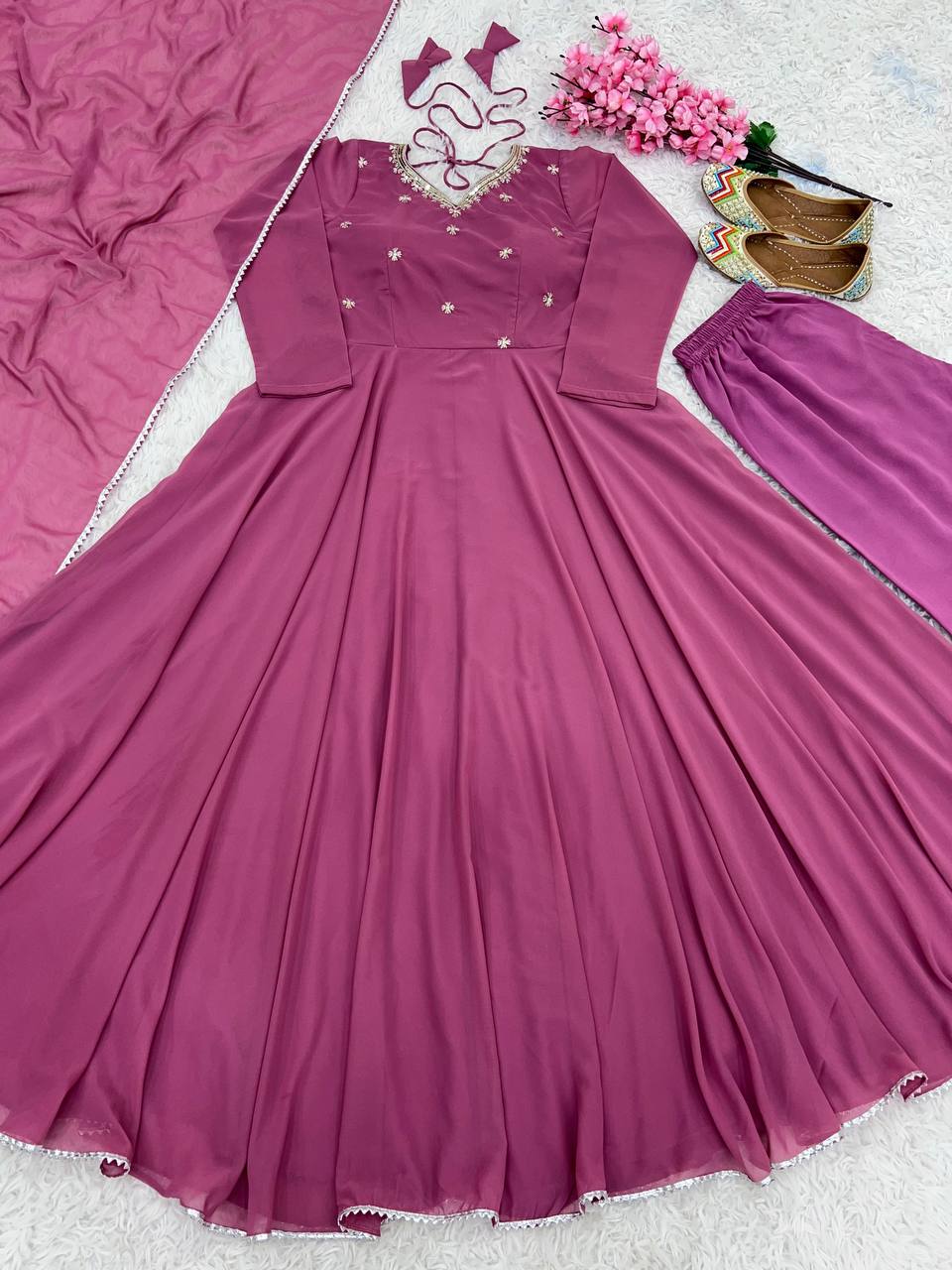 Dusty Pink Indian Designer Gown With Embroidery Work on Neck and Dupatta by My Store