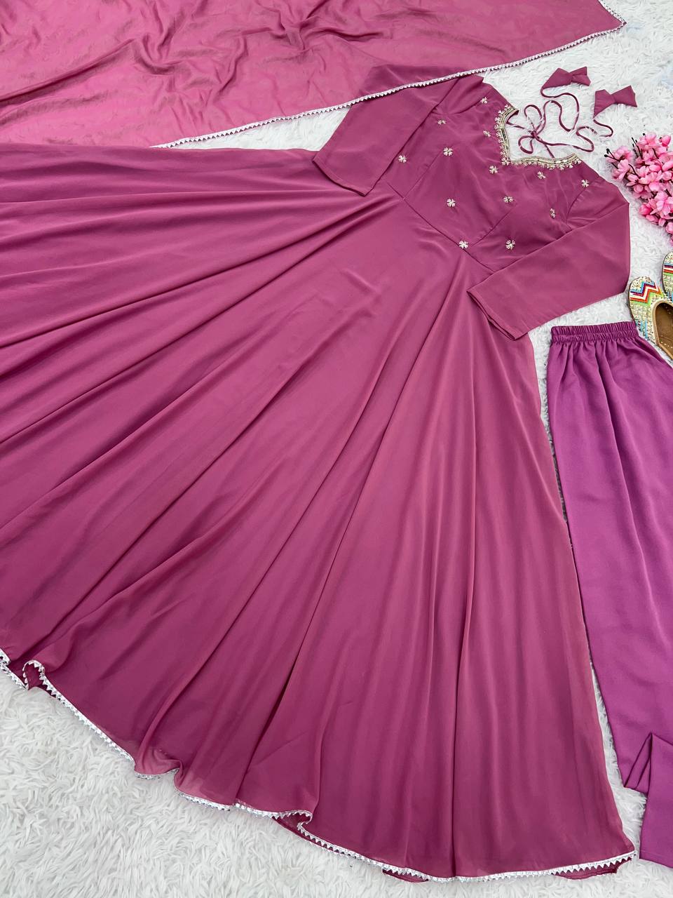 Dusty Pink Indian Designer Gown With Embroidery Work on Neck and Dupatta by My Store