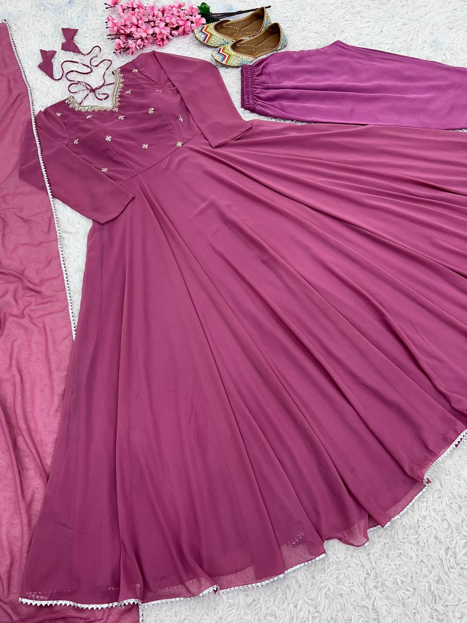 Dusty Pink Indian Designer Gown With Embroidery Work on Neck and Dupatta by My Store