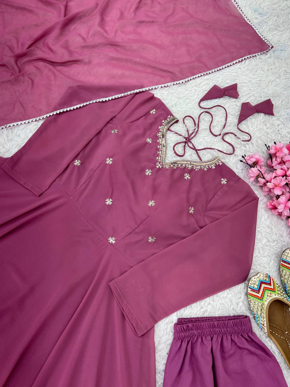 Dusty Pink Indian Designer Gown With Embroidery Work on Neck and Dupatta by My Store
