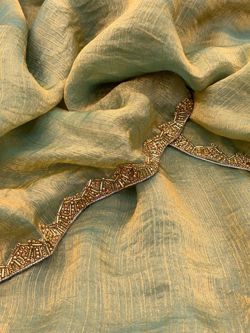 Elegant shimmer Tissue Teal Blue saree Lightweight & Stylish Drape by My Store