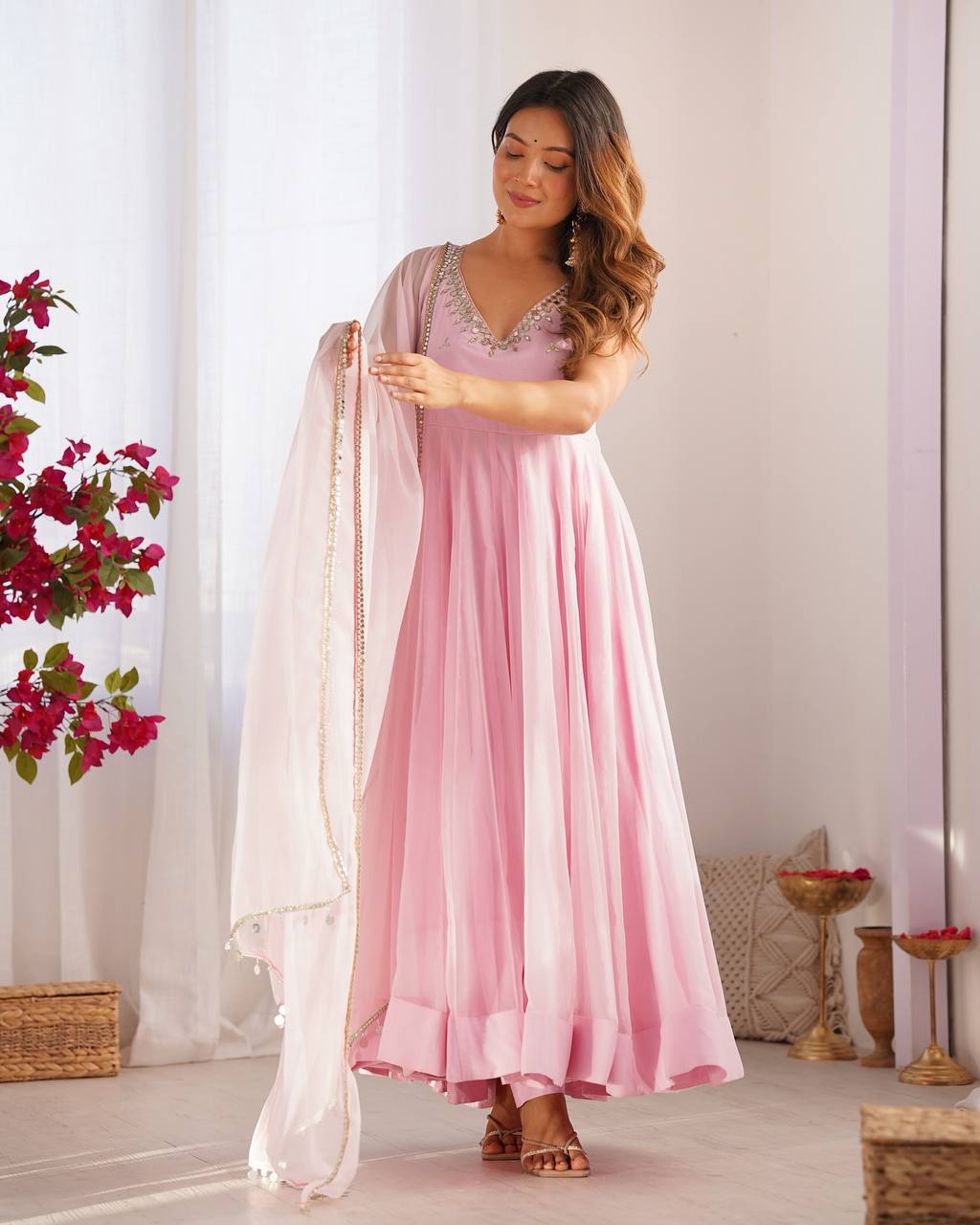 Baby Pink Color Georgette Three Piece Anarkali Suit by My Store