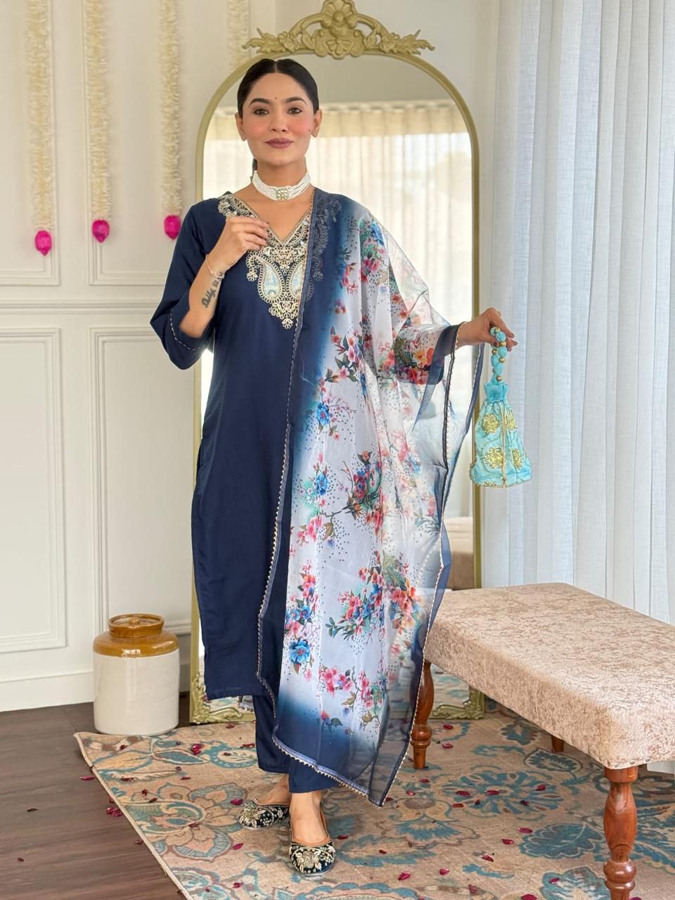 Navy Bloom Embroidered Kurta set