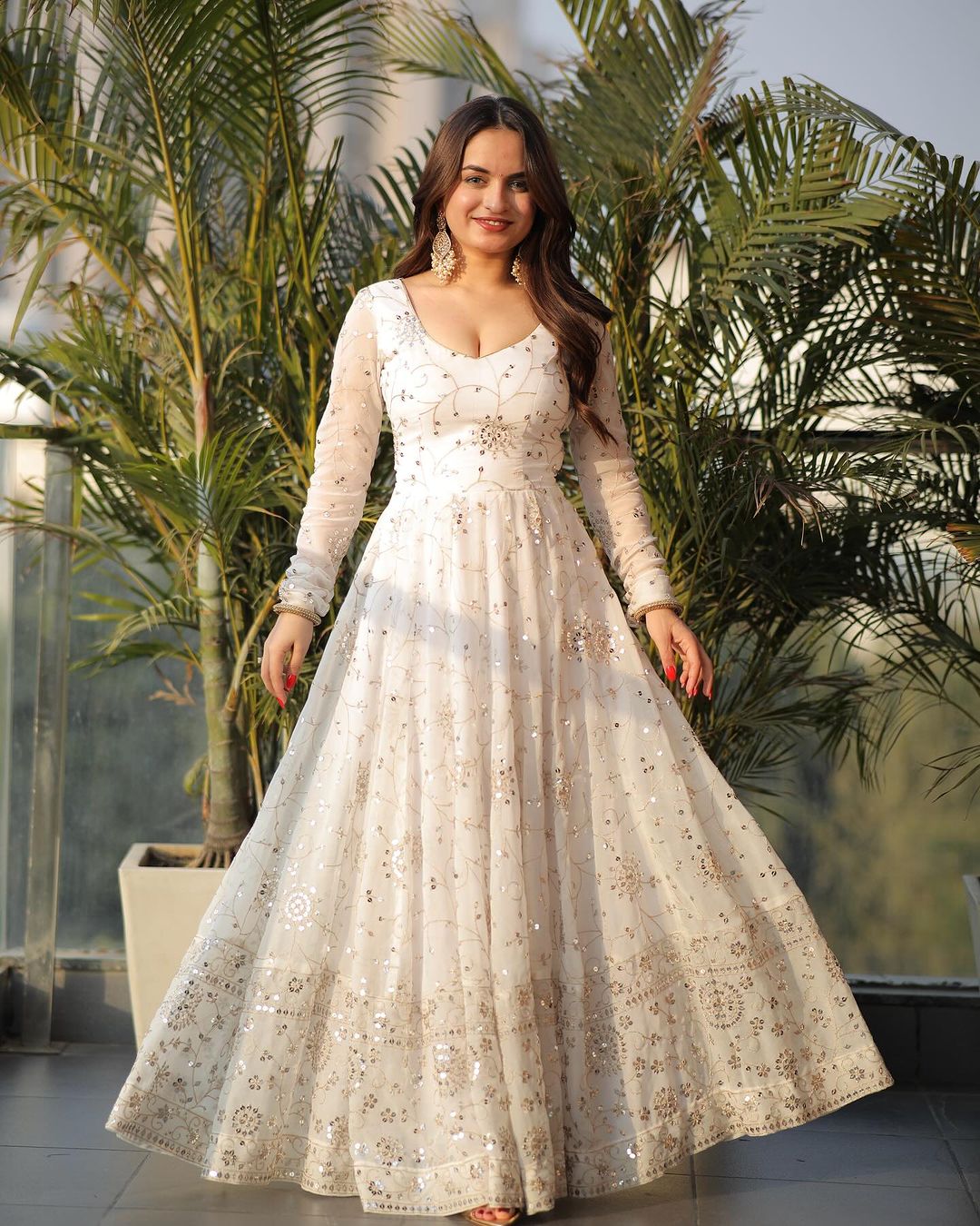 Full Heavy Work White Color Georgette Anarkali Gown by My Store